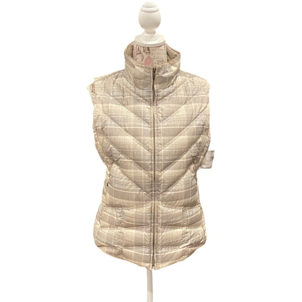 Patagonia Goose Down Puffer Vest in Cream/Tan/Gray Plaid Size Medium